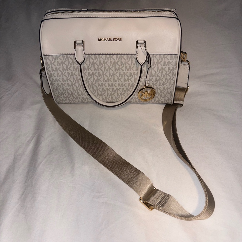 Michael Kors Cream and Signature Logo Satchel with Gold Charm